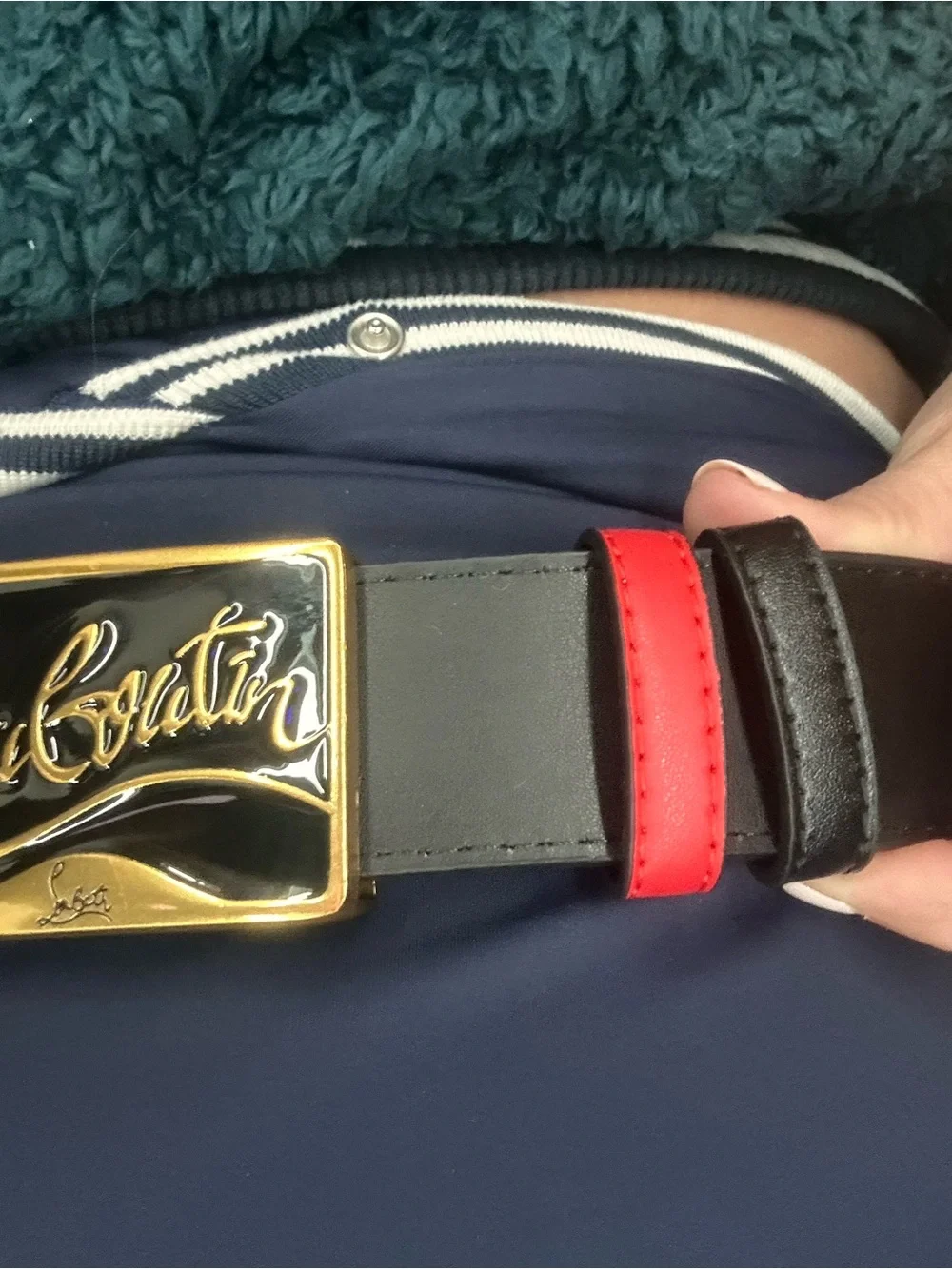 LUX Black Leather Belt with Red Interior and Gold Logo Buckle - Picture 6 of 7